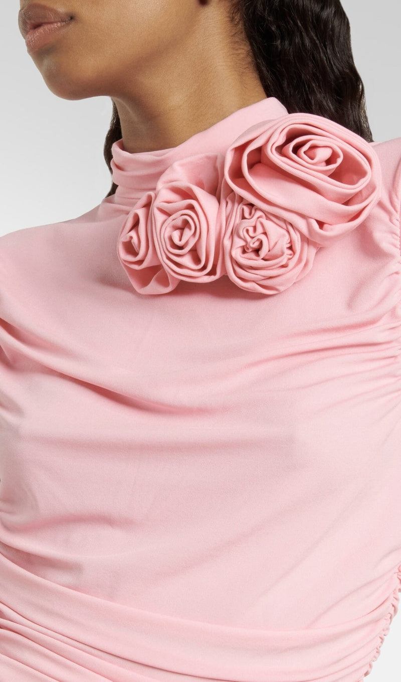 RUCHED APPLIQUÉD MIDI DRESS IN LIGHT PEACH DRESS styleofcb 