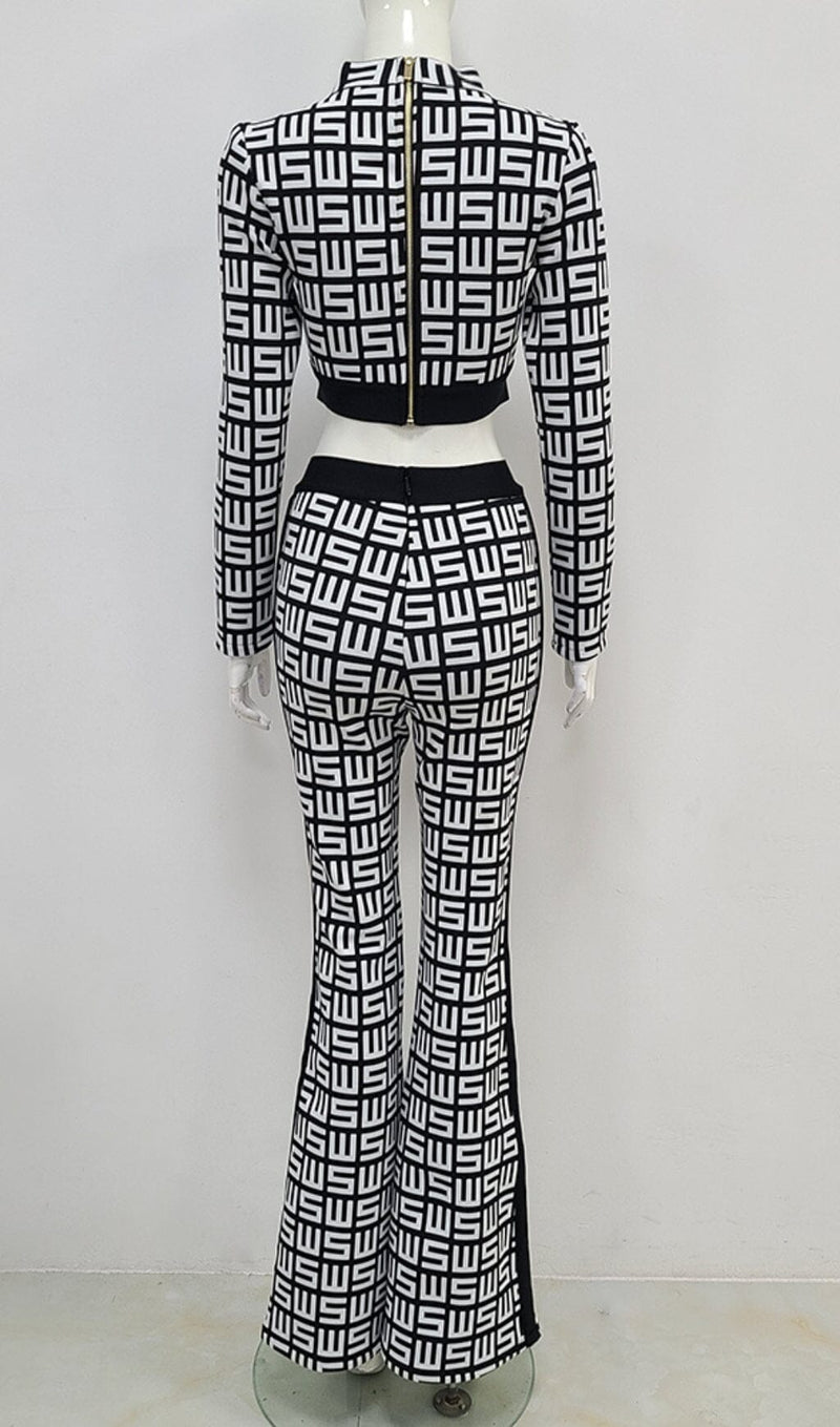 MONOGRAM PRINTED SHOULDER PAD SUIT IN WHITE AND BLACK styleofcb 