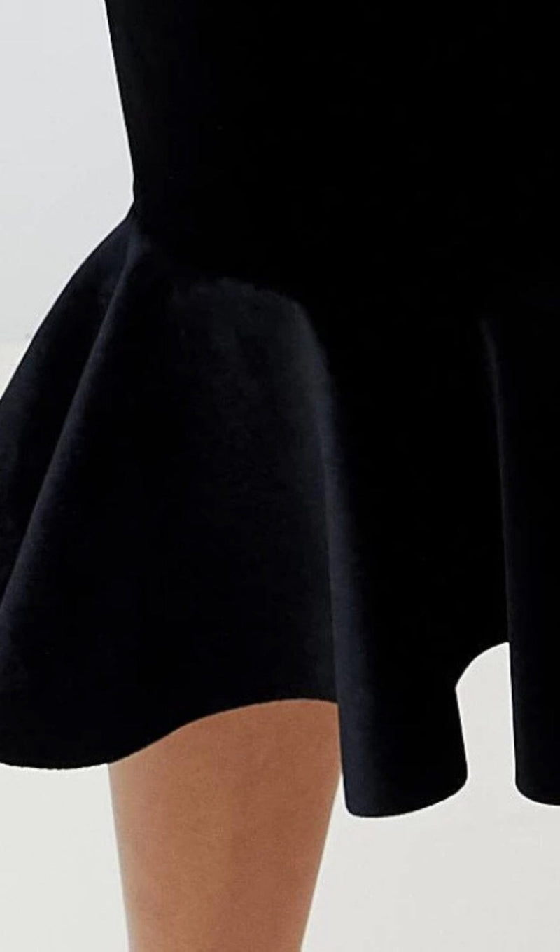 FISHTAIL HEM VELVET SUSPENDER MIDI DRESS IN BLACK styleofcb 