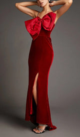 DARK RED FRONT BOW SIDE SLIT MERMAID MAXI DRESS styleofcb 