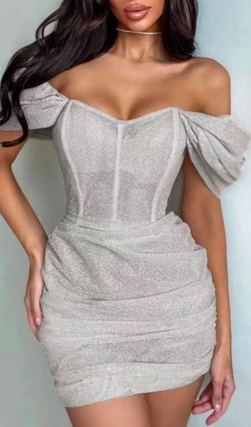 ONE-SHOULDER PUFF SLEEVE OFF-THE-SHOULDER FOLDED GLITTER MINI DRESS styleofcb 