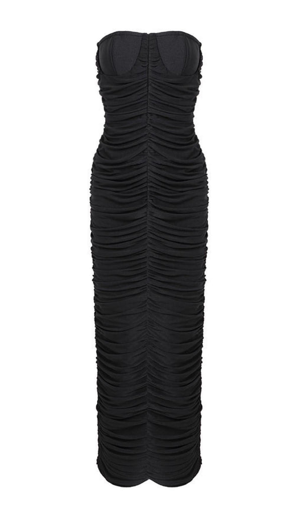 RUCHED STRAPLESS MIDI DRESS IN BLACK styleofcb 