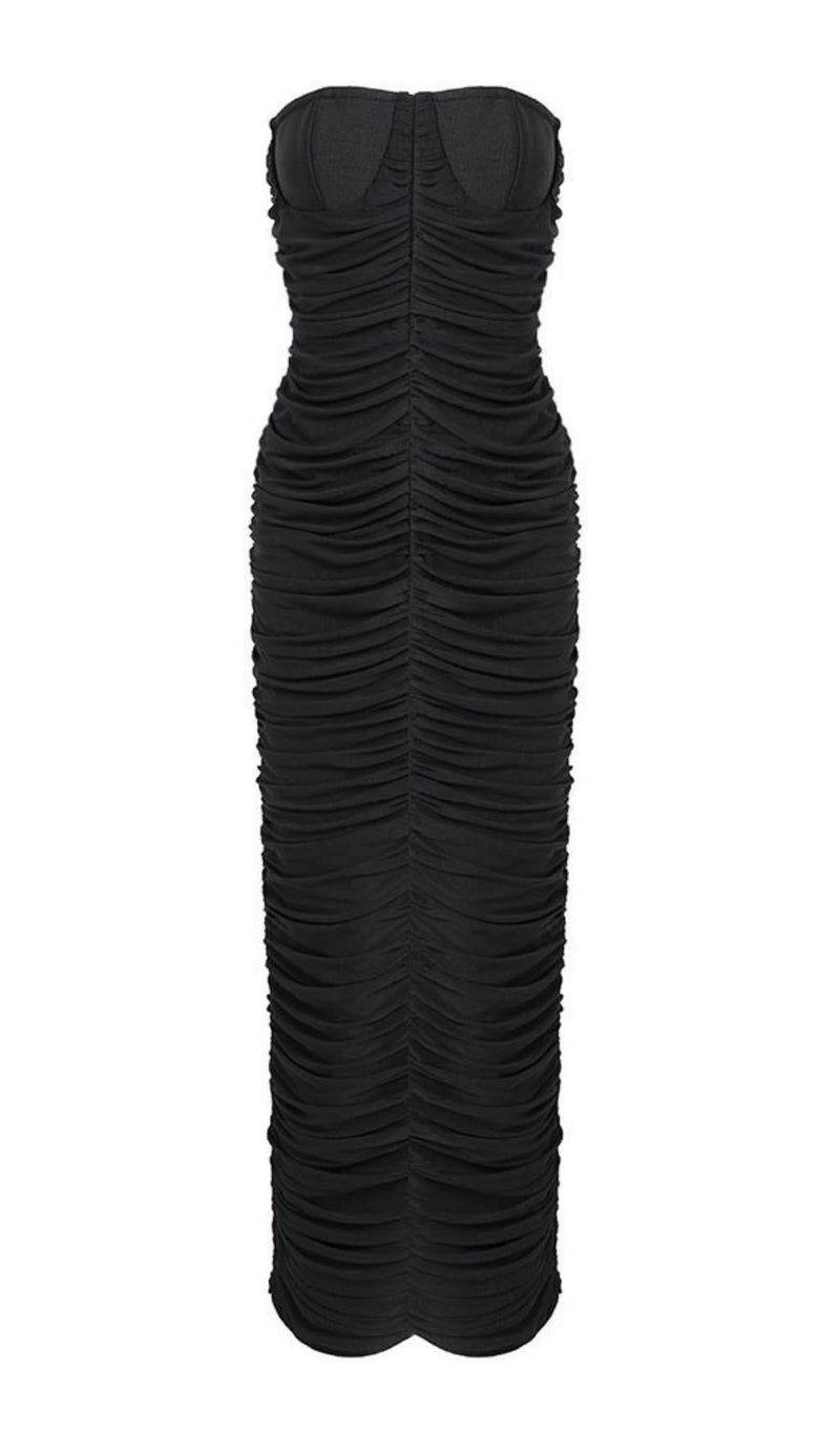 RUCHED STRAPLESS MIDI DRESS IN BLACK styleofcb 
