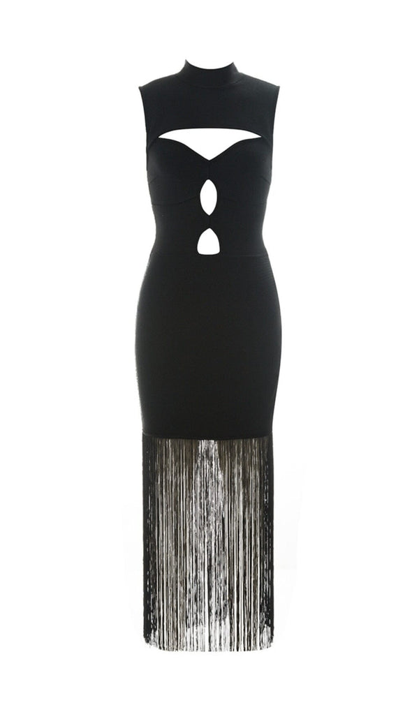 SLEEVELESS HOLLOWED OUT FRINGE DRESS IN BLACK styleofcb 