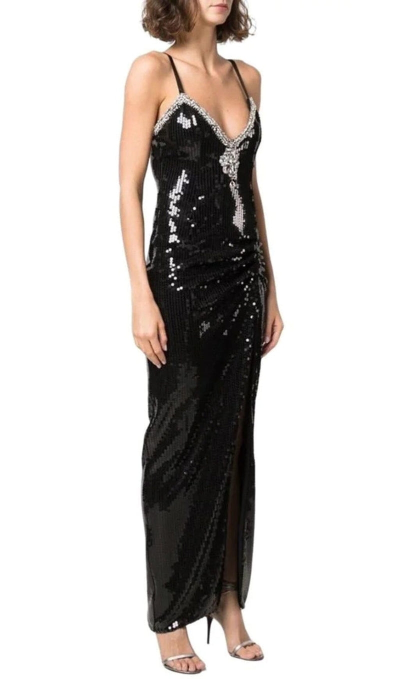 SEQUIN CRYSTAL V NECK MAXI DRESS IN BLACK styleofcb 