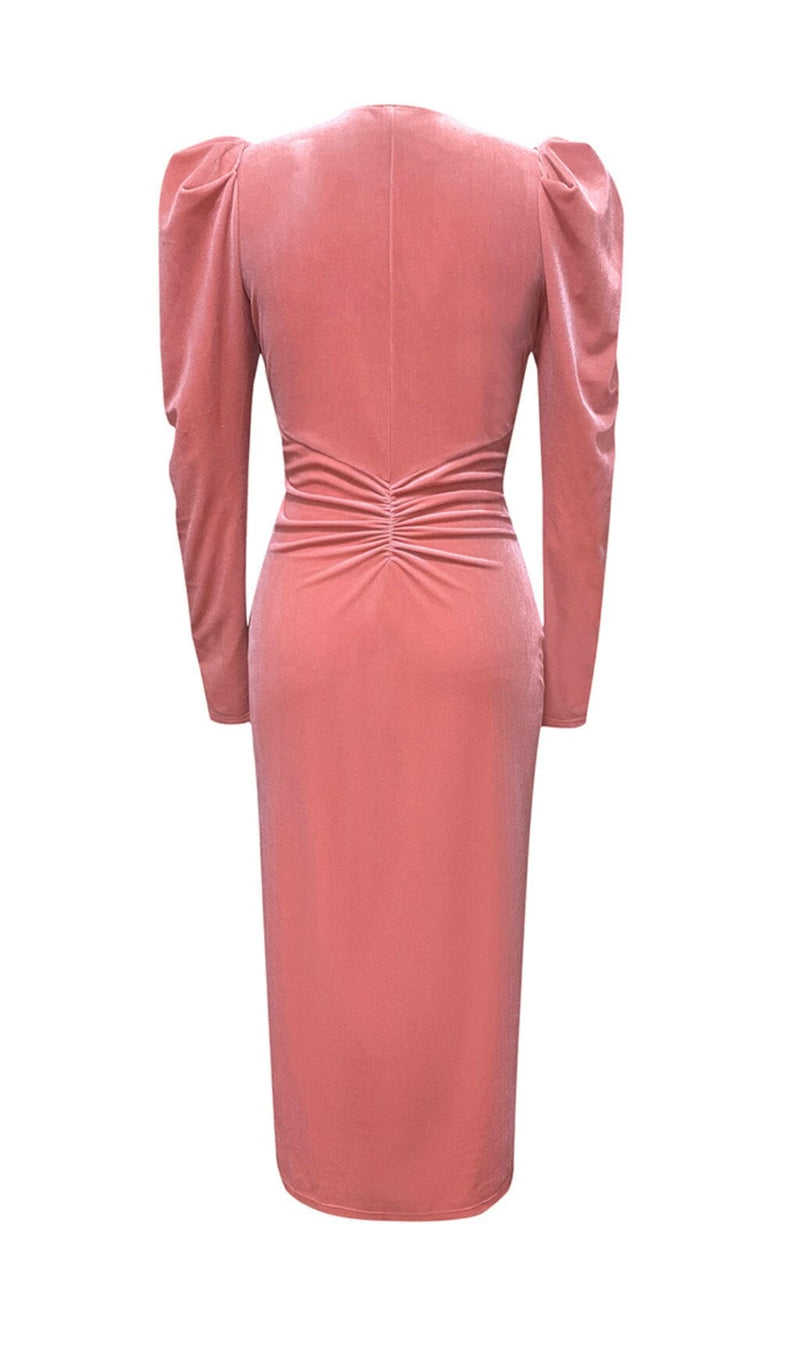 PINK LEG SLEEVE V-NECK VELVET DRESS styleofcb 