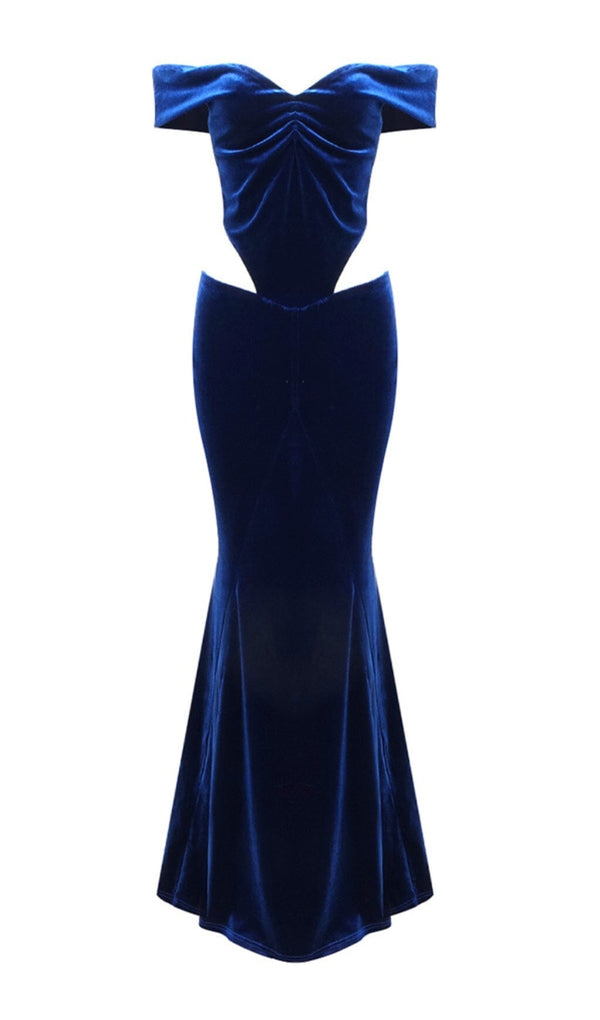 OFF SHOULDER WAIST HOLLOW VELVET MAXI DRESS IN BLUE styleofcb 