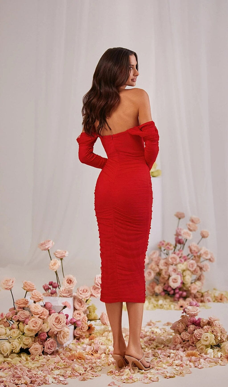 STRAPLESS STRAPLESS LACE MIDI DRESS IN RED DREESES styleofcb 