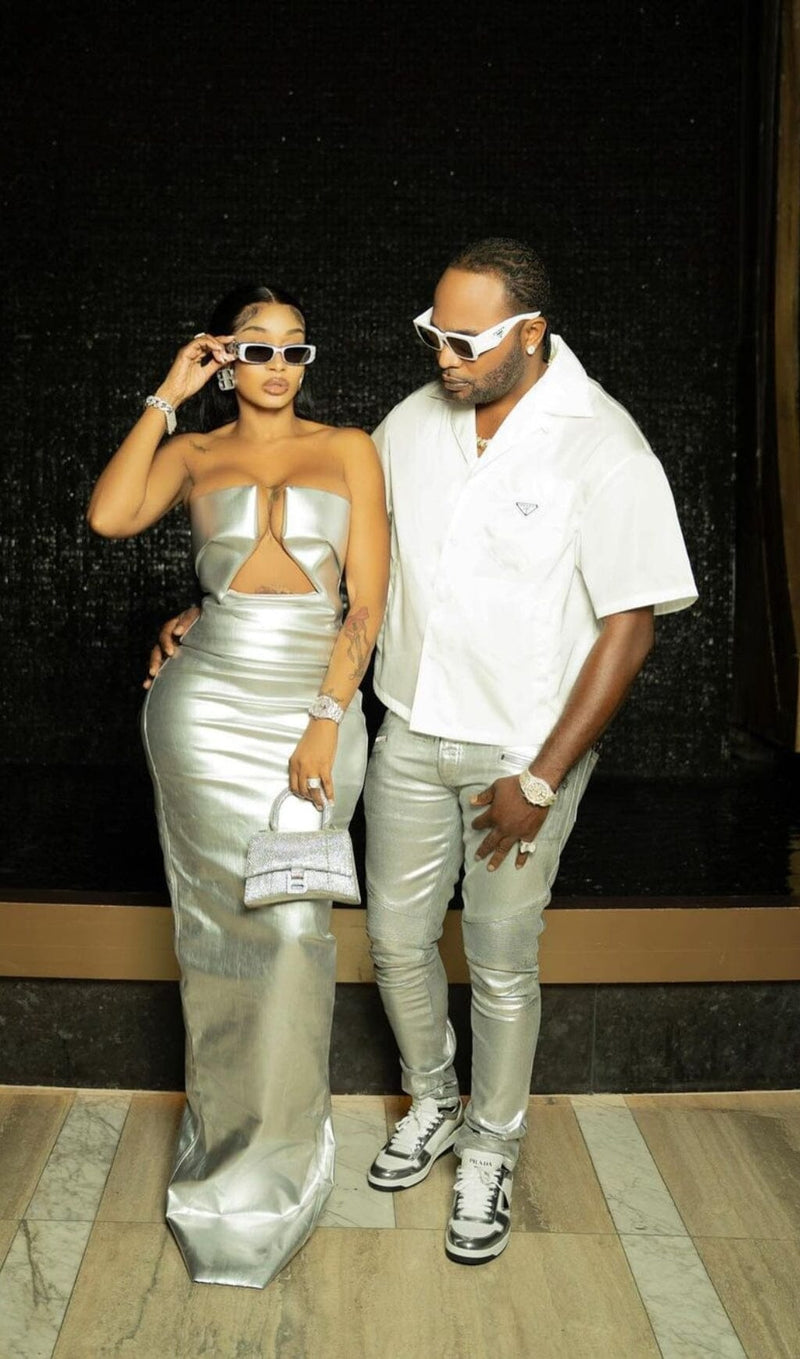 FAUX LEATHER STRAPLESS MAXI DRESS IN SILVER dresses styleofcb 