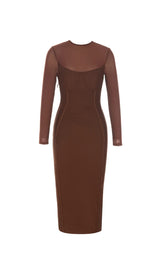 BROWN MESH STITCHED SEXY SKINNY MIDI DRESS Dresses styleofcb 