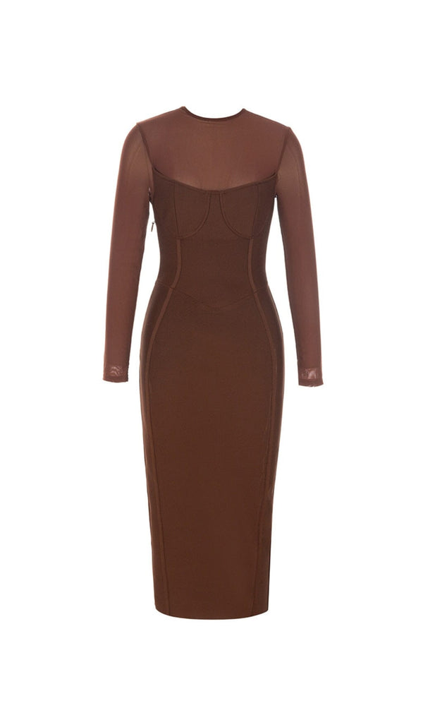 BROWN MESH STITCHED SEXY SKINNY MIDI DRESS Dresses styleofcb 