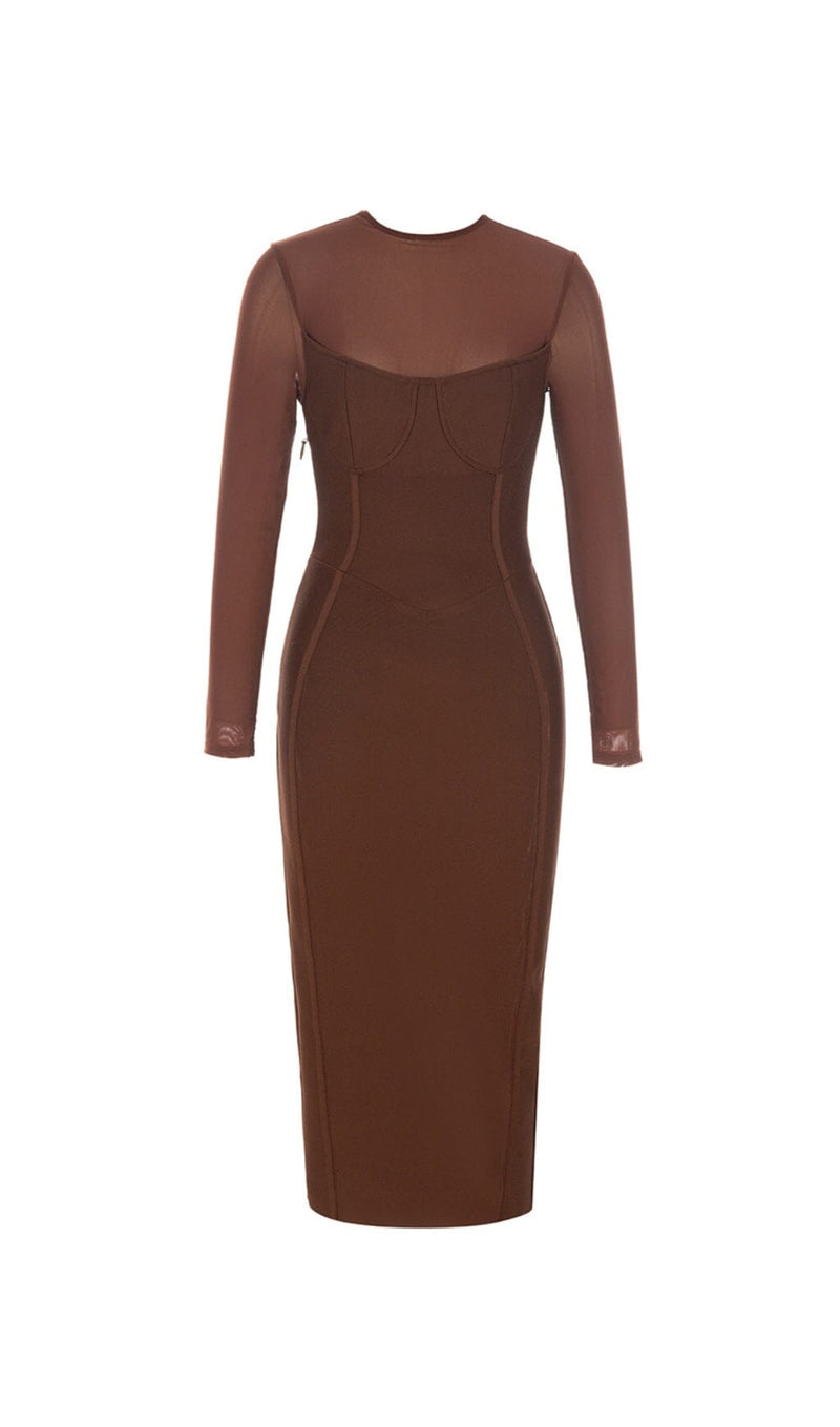 BROWN MESH STITCHED SEXY SKINNY MIDI DRESS Dresses styleofcb 