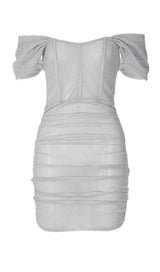 ONE-SHOULDER PUFF SLEEVE OFF-THE-SHOULDER FOLDED GLITTER MINI DRESS styleofcb 