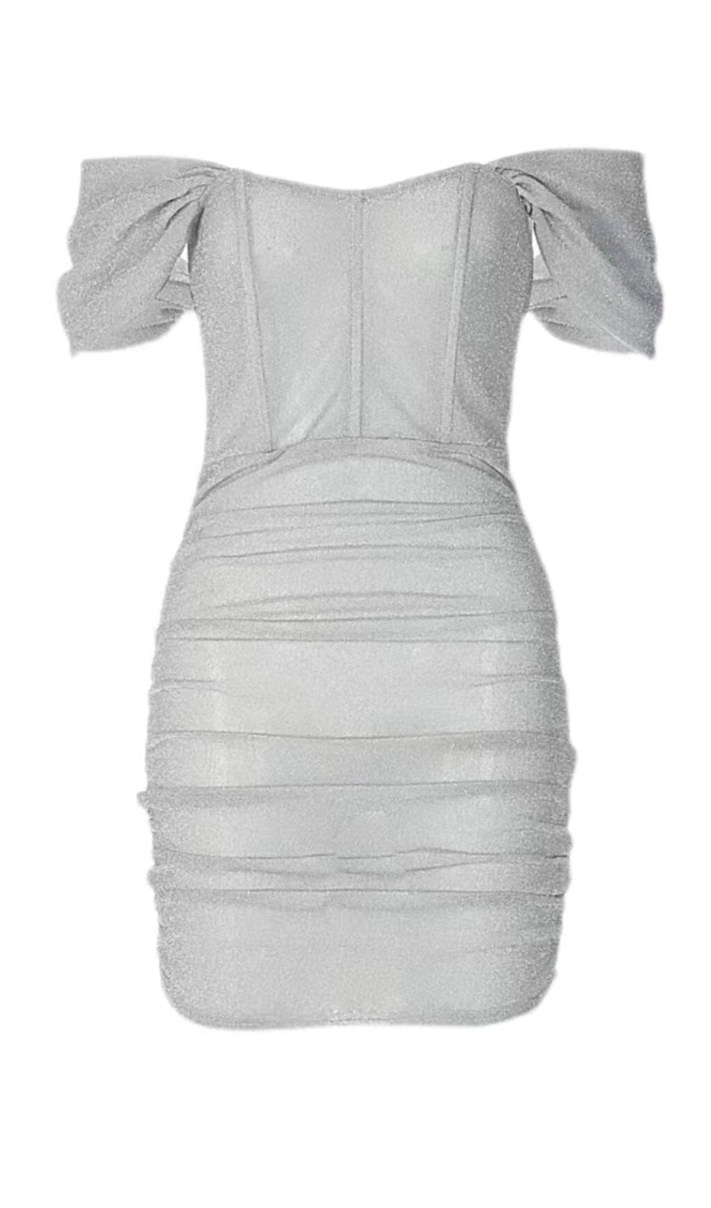 ONE-SHOULDER PUFF SLEEVE OFF-THE-SHOULDER FOLDED GLITTER MINI DRESS styleofcb 
