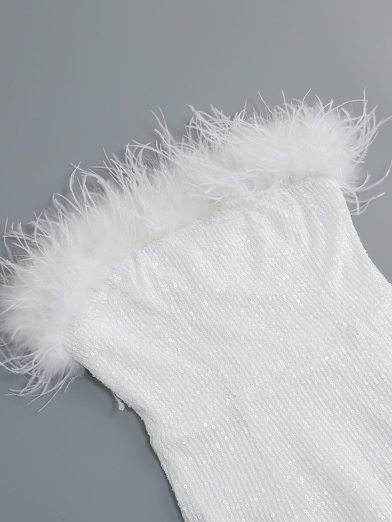 OSTRICH HAIR DECORATIVE BANDEAU MAXIC DRESS IN WHITE styleofcb 