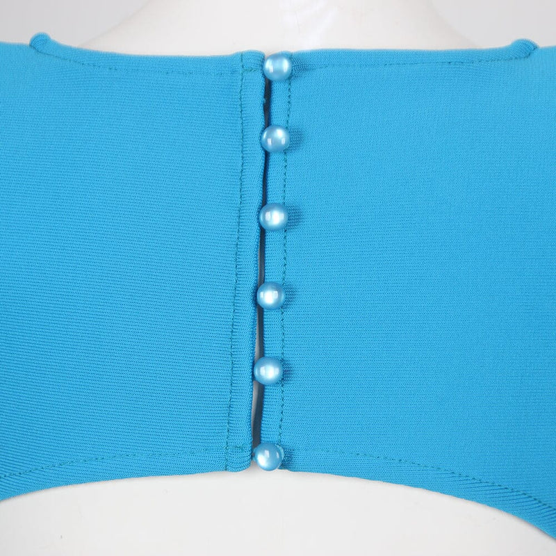 SHOULEDR PAD WAIST BARING FEATHER BLOUSE PLEATED DRESS IN BLUE styleofcb 