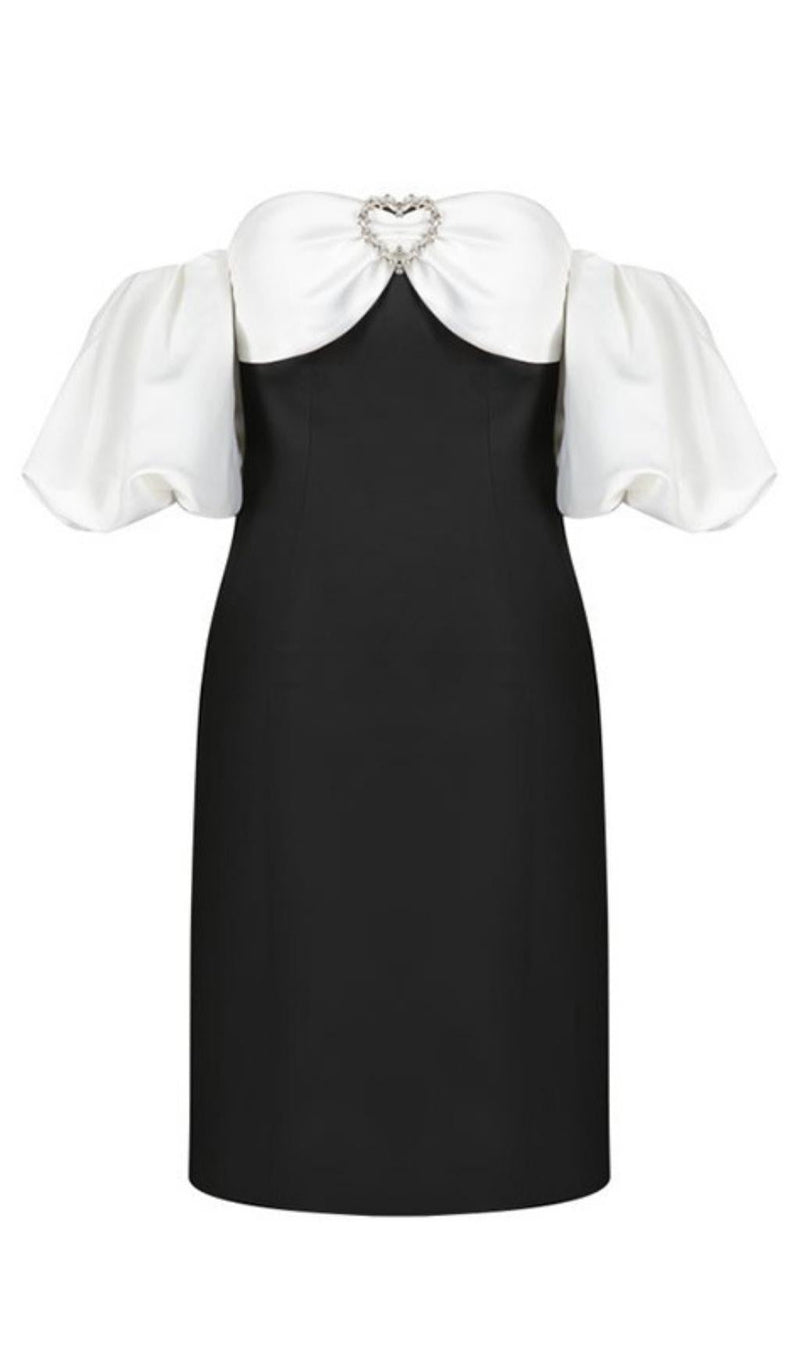 OFF SHOULDER BLACK AND WHITE PATCHWORK MINI DRESS styleofcb 