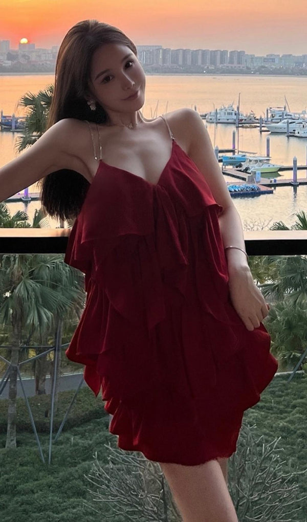 V NECK SLEEVELESS MINI DRESS IN RED DRESSES styleofcb 