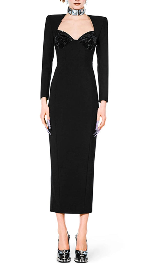 BLACK SQUARE NECK RHINESTONE BODICE MIDI DRESS styleofcb 