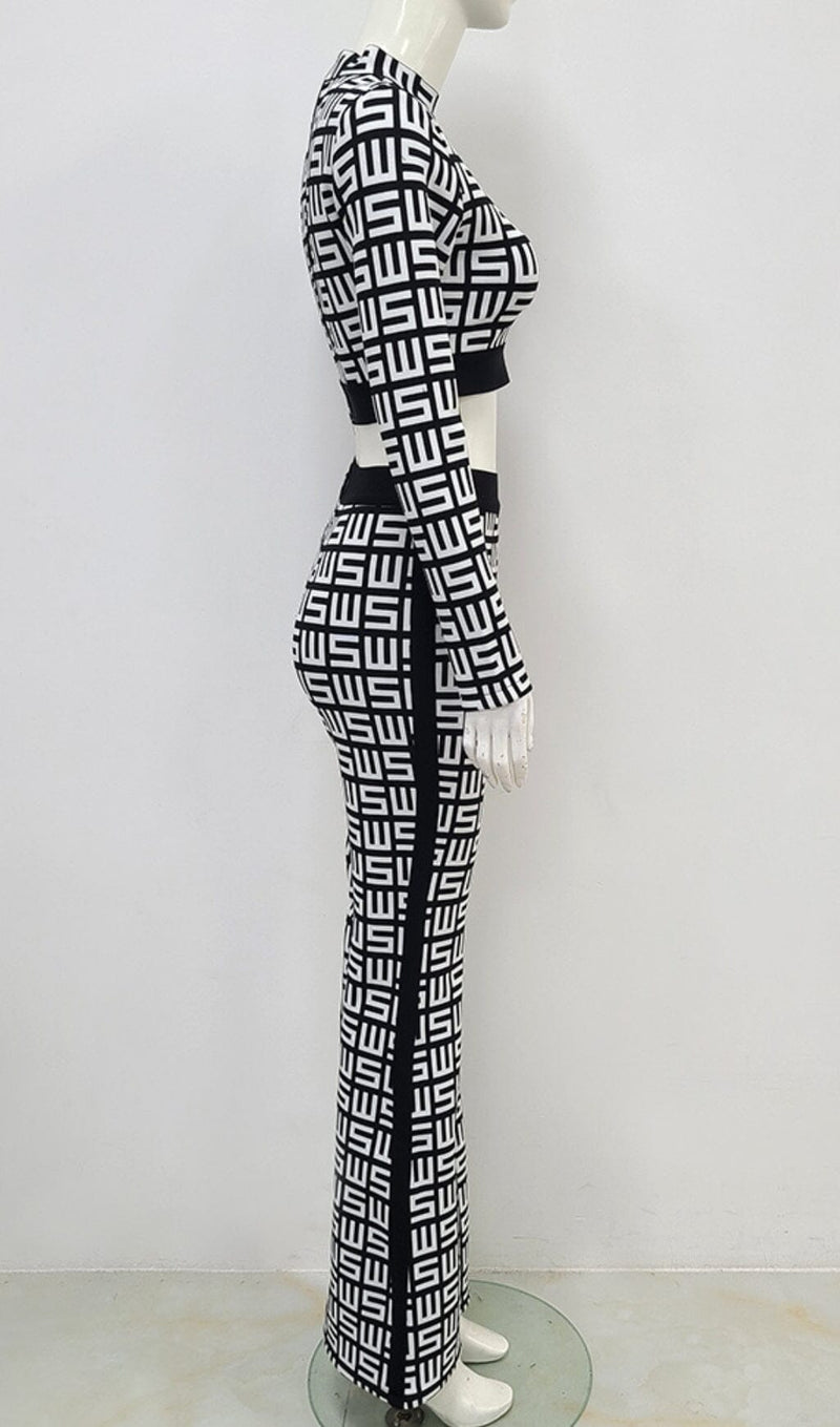 MONOGRAM PRINTED SHOULDER PAD SUIT IN WHITE AND BLACK styleofcb 