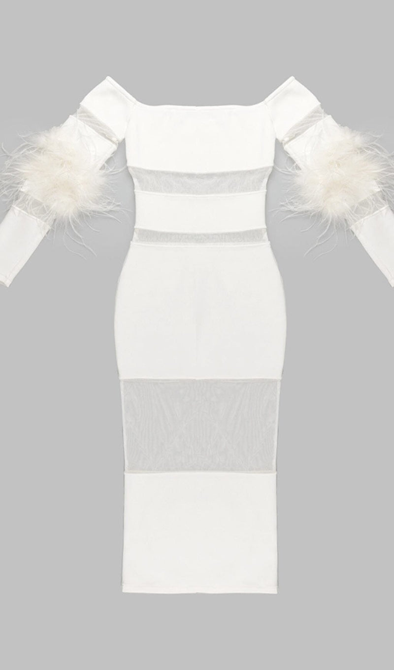 BANDAGE OFF-SHOULDER FEATHER MIDI DRESS IN WHITE styleofcb 