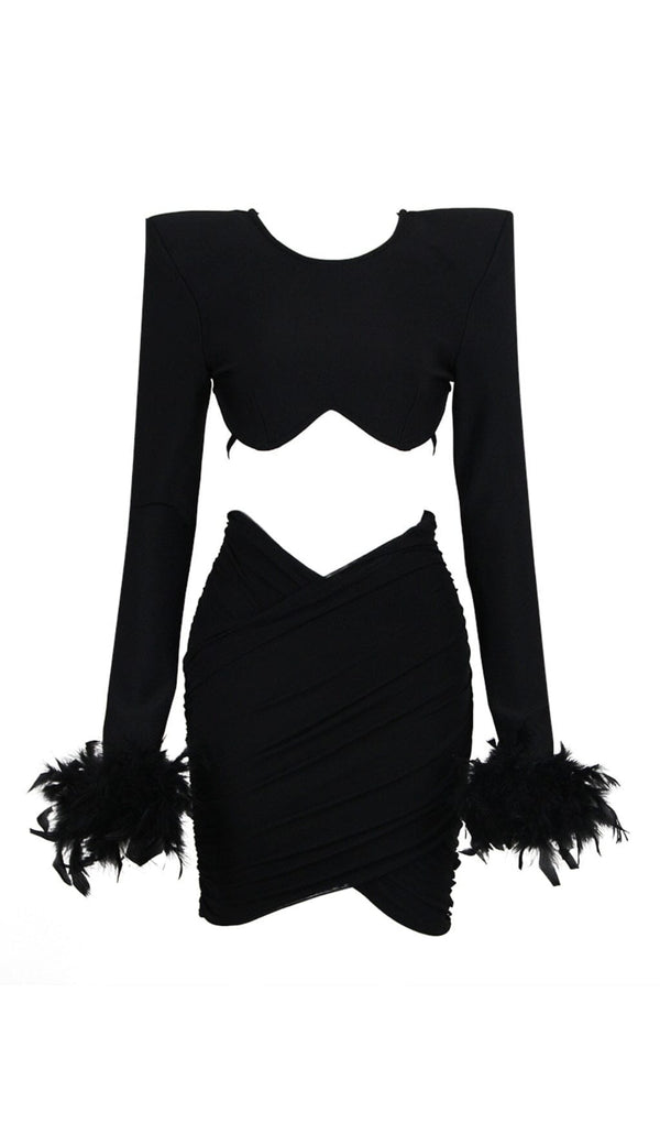 SHOULEDR PAD WAIST BARING FEATHER BLOUSE PLEATED DRESS IN BLACK styleofcb 