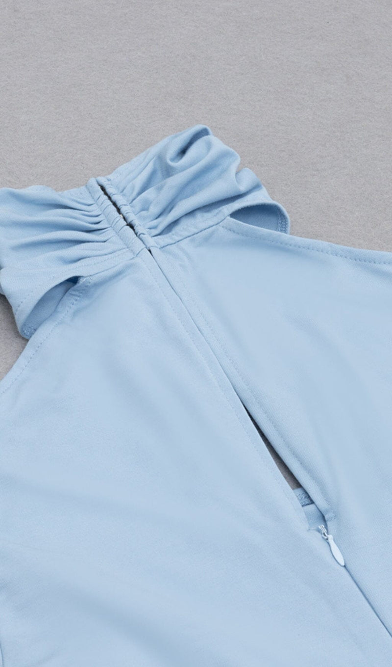 SKY BLUE HANGING NECK OFF-THE-SHOULDER WAIST HOLLOW HIGH SLIT STRETCH MIDI DRESS styleofcb 