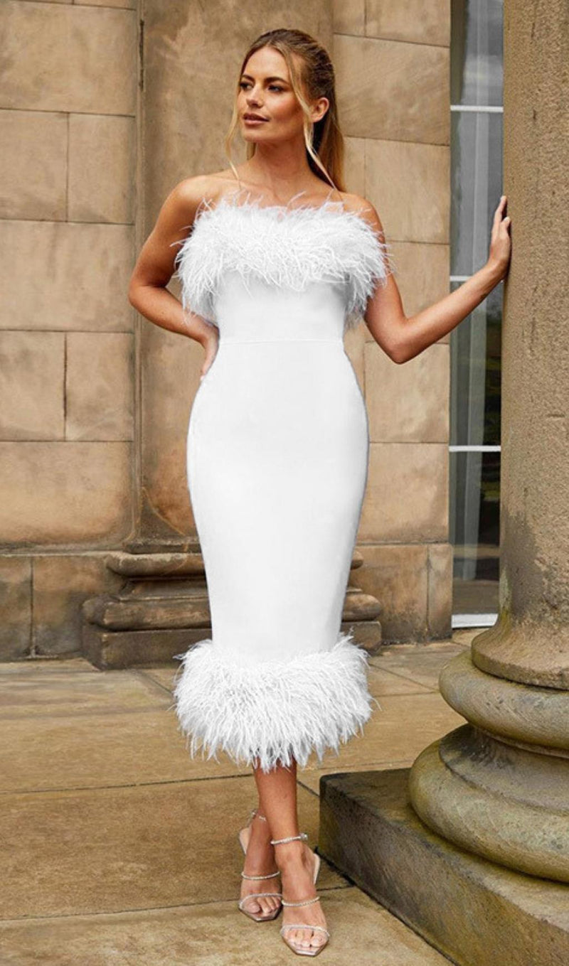 FEATHER BODYCON MIDI DRESS Dresses styleofcb S WHITE 