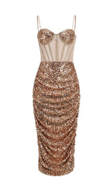 SEQUIN CORSET MIDI DRESS IN CHAMPAGNE styleofcb 