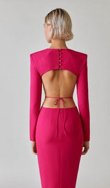 LONG SLEEVE OPEN BACK SLIT DRESS IN ROSE RED Bandage Dresses styleofcb 