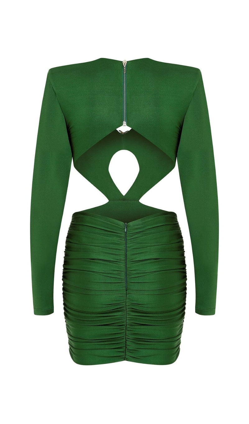 SATIN HEAVYWEIGHT CUT-OUT VINTAGE MINI DRESS IN DARK GREEN styleofcb 