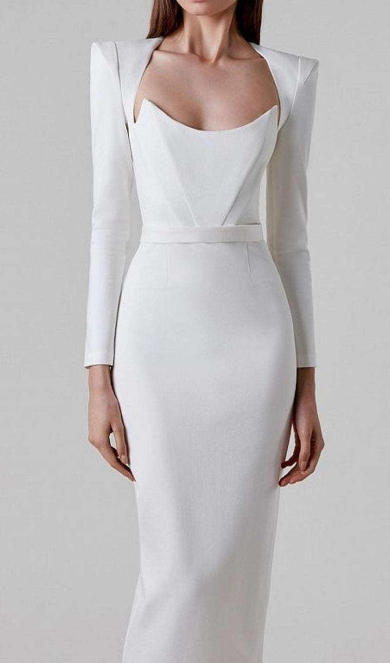 SQUARE SHOULDER CORSET MIDI DRESS IN WHITE styleofcb 