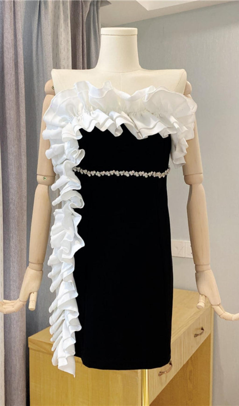 RUFFLE STRAPLESS BANDAGE MINI DRESS IN BLACK styleofcb 