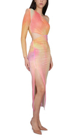 MESH RHINESTONE ONE SHOULDER MIDI DRESS IN COTTON CANDY DRESS STYLE OF CB 