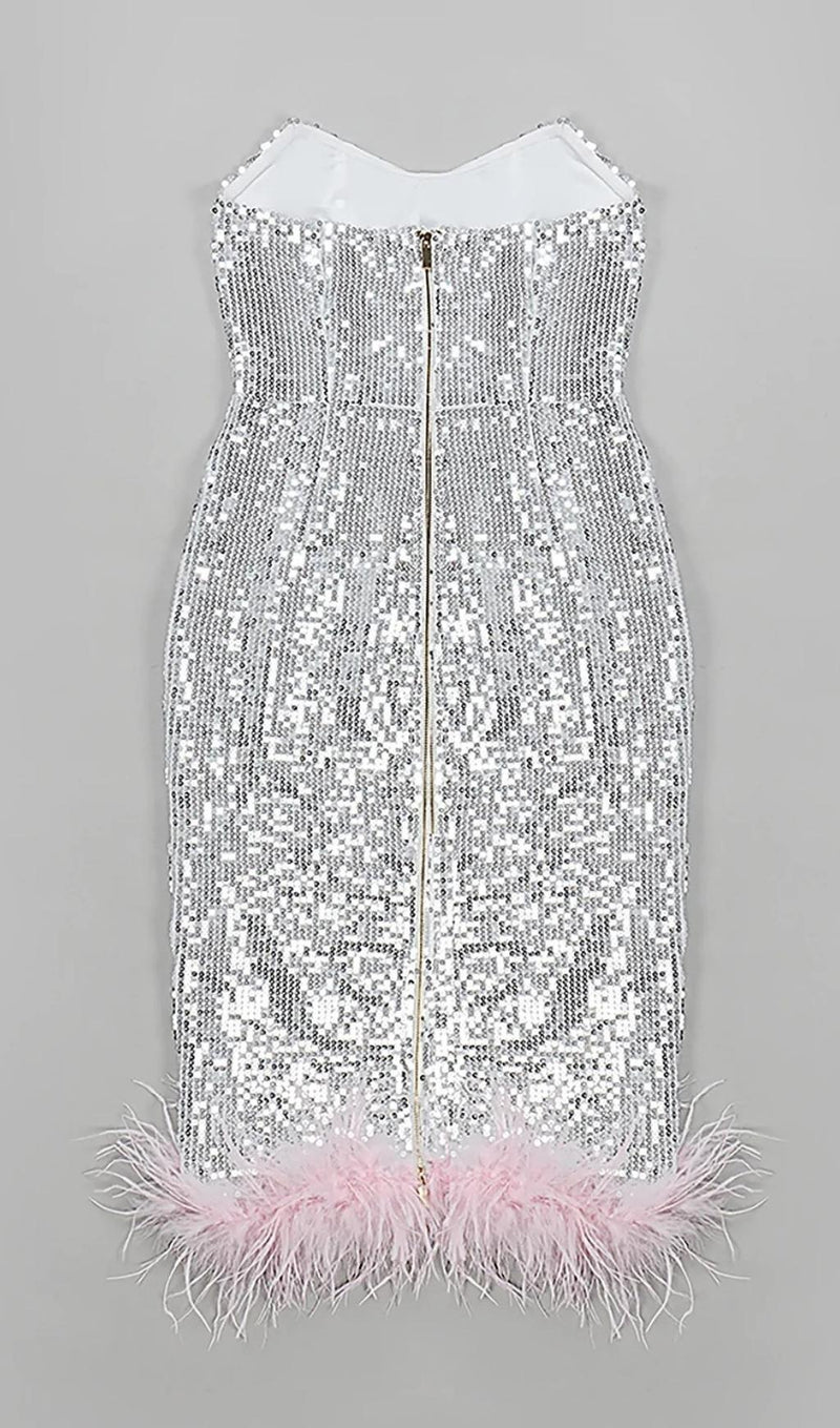 STRAPLESS SEQUIN FEATHER MIDI DRESS IN SILVER Dresses styleofcb 