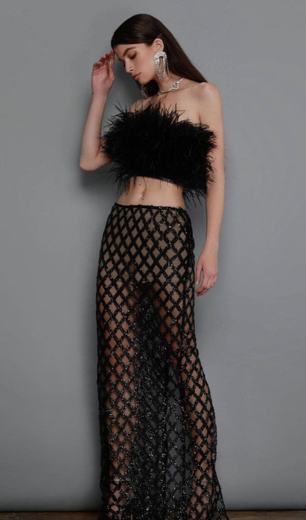 FEATHER SEQUIN TWO PIECE SET IN BLACK styleofcb 