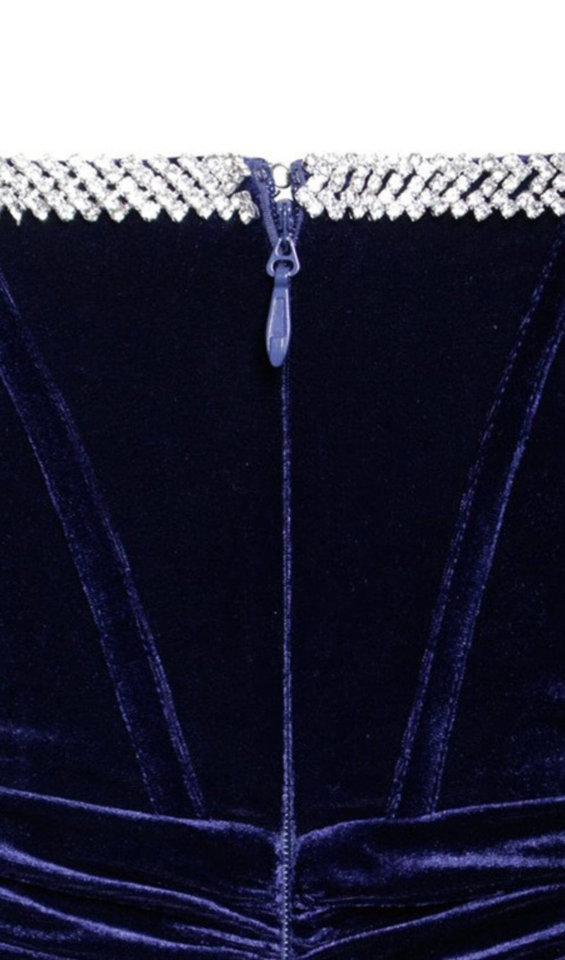 ODETTE NAVY VELVET OFF SHOULDER CORSET DRESS WITH CRYSTAL TRIM Dresses styleofcb 