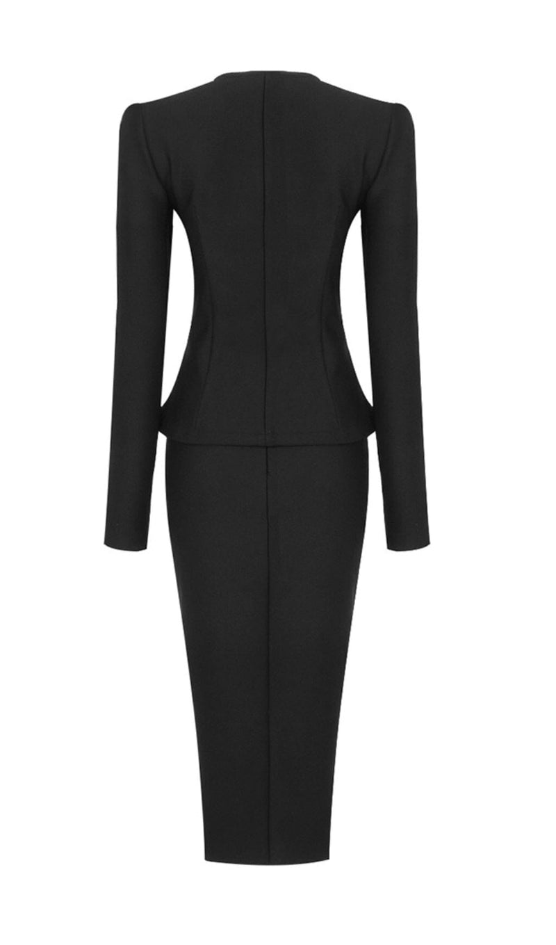 V-NECK METAL BUTTON DECORATIVE SLIM FIT SKIRT IN BLACK styleofcb 