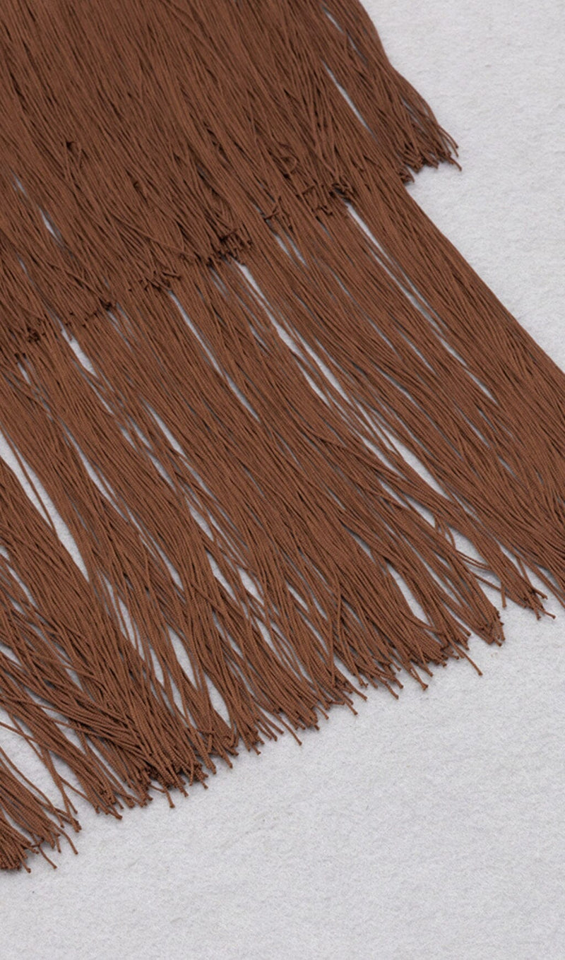BROWN SLEEVELESS CHEST HOLLOW FRINGE HEM SKINNY MAXI DRESS styleofcb 