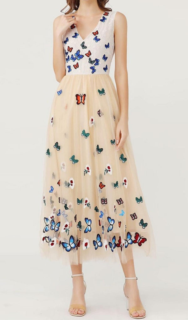 BUTTERFLY LACE MIDI DRESS IN BEIGE Dresses styleofcb 
