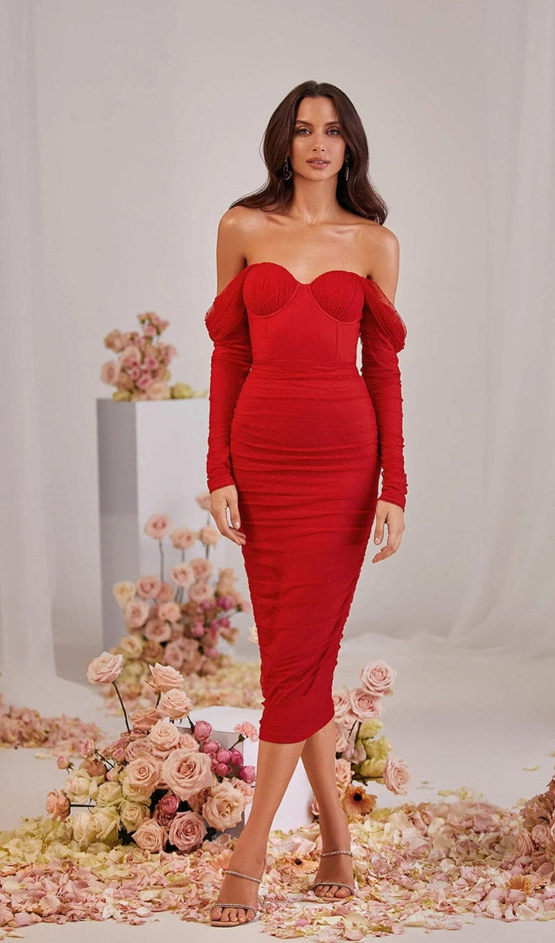 STRAPLESS STRAPLESS LACE MIDI DRESS IN RED DREESES styleofcb 