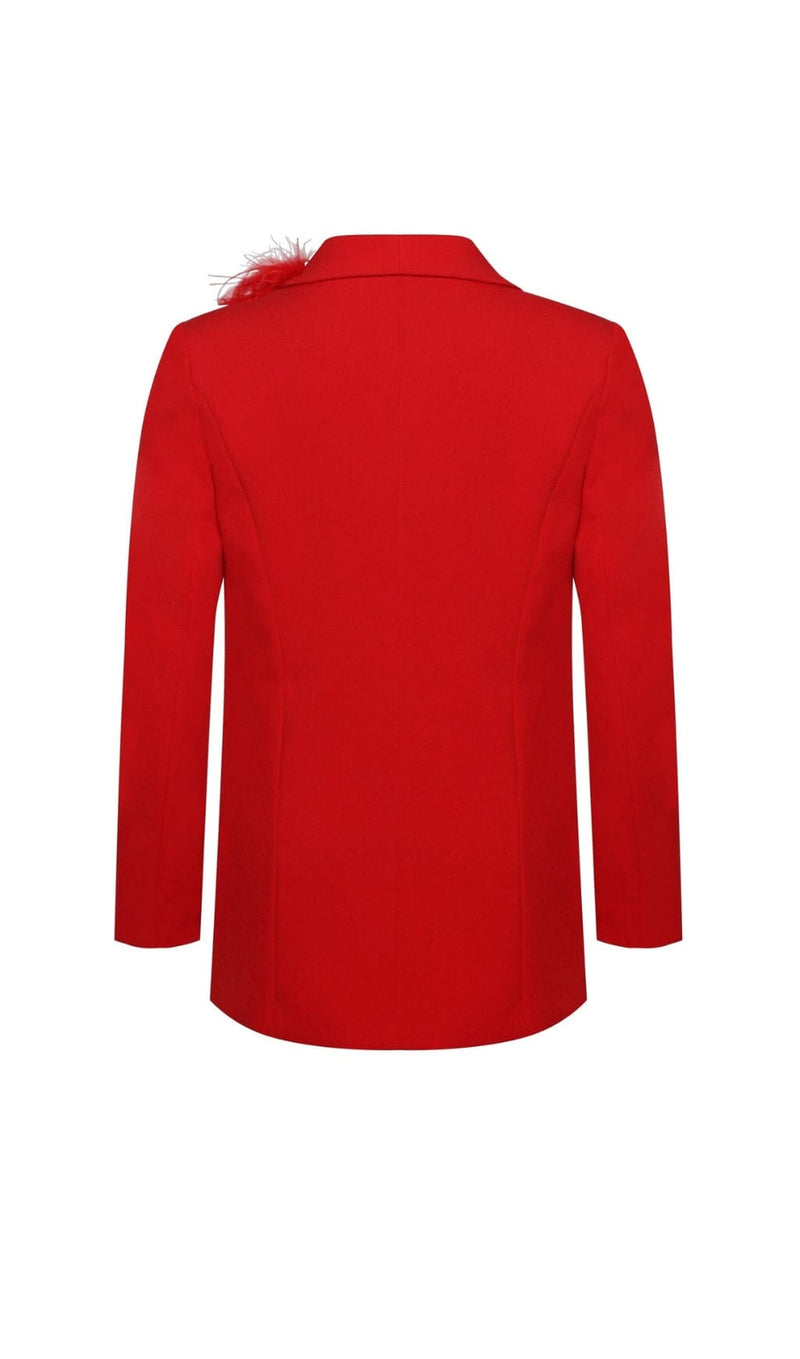 RED BLAZER SUIT WITH FEATHER TRIM Bottoms styleofcb 