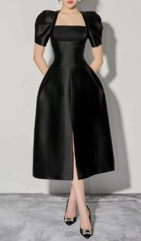 SQUARE NECK PUFF SLEEVE DRESS IN BLACK styleofcb 
