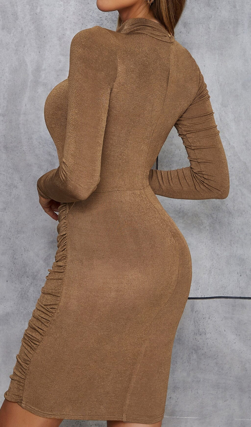CARAMEL TURTLENECK WAIST HOLLOW PLEATED DRESS styleofcb 