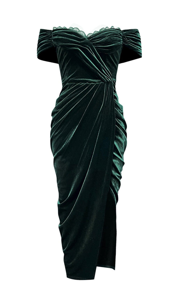 VELVET ONE-LINE SHOULDER HIGH SLIT DRESS IN DARK GREEN styleofcb 