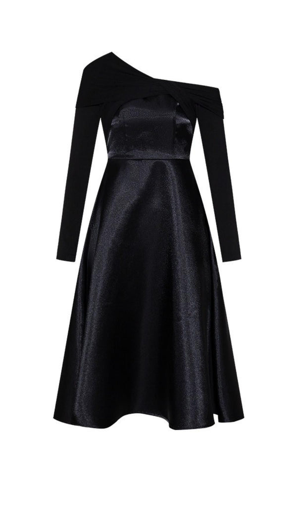 BLACK DIAGONAL SHOULDER LONG SLEEVE MIDI DRESS styleofcb 