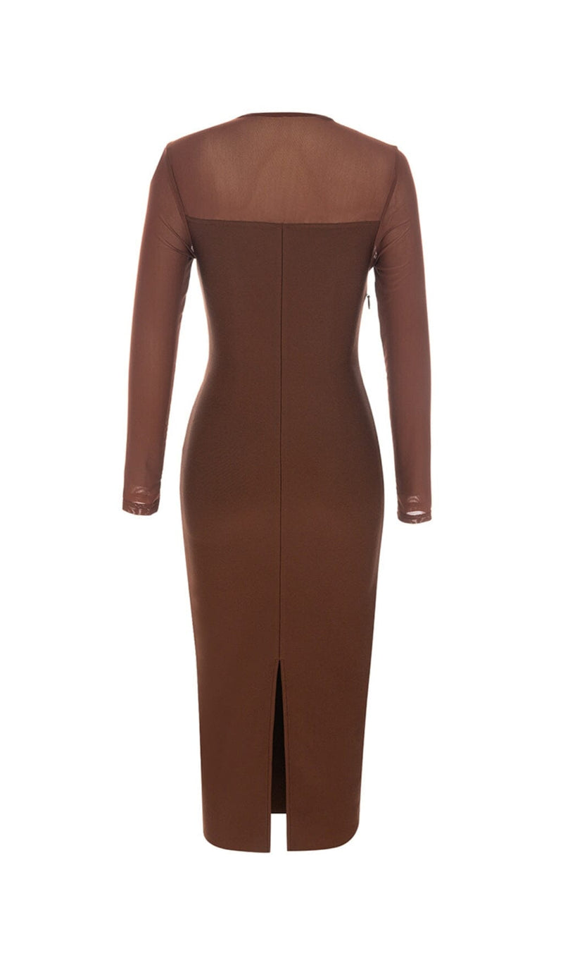 BROWN MESH STITCHED SEXY SKINNY MIDI DRESS Dresses styleofcb 