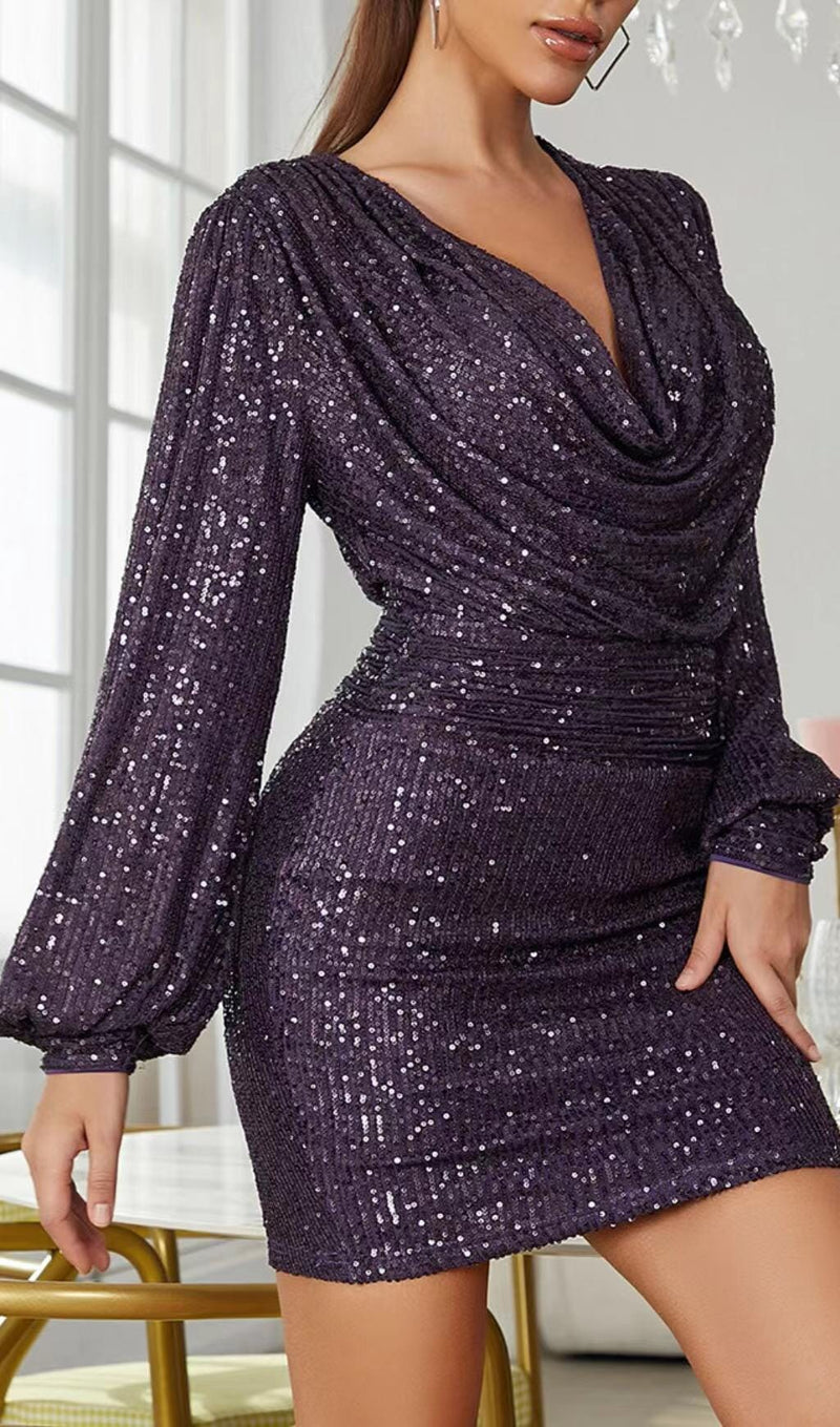 GLITTER PLEATS BIG V-NECK WRAP HIP DRESS IN PURPLE styleofcb 
