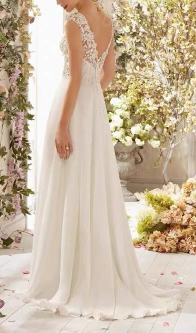LACE CHIFFON FLOOR-LENGTH DRESS IN WHITE styleofcb 