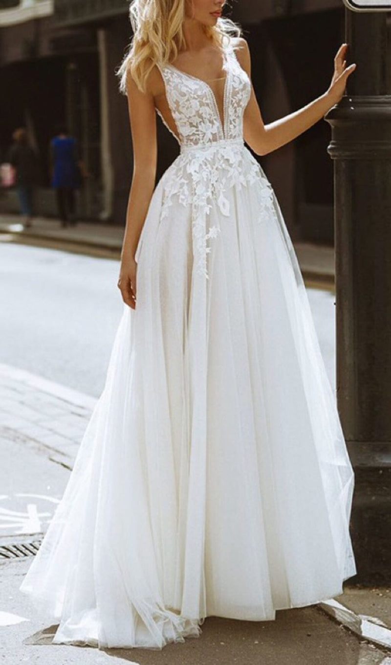 LARGE V-NECK SEE-THROUGH LACE HALTER DRESS IN WHITE styleofcb 